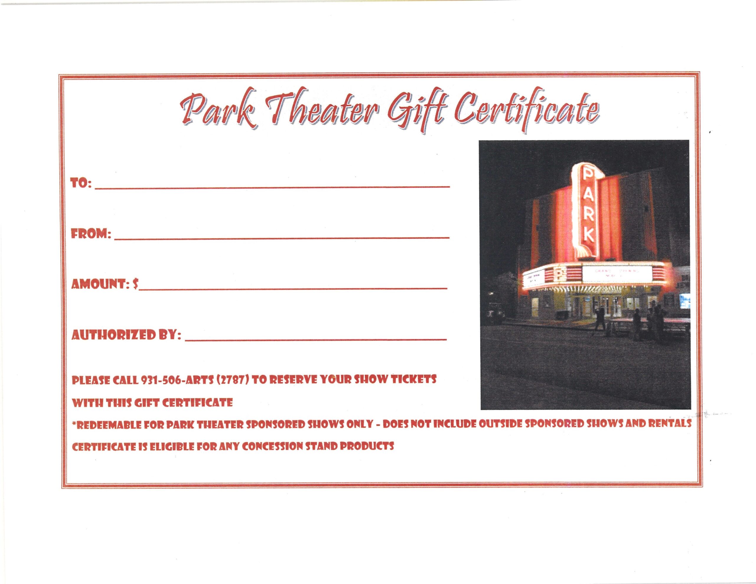 Park Theater Gift Certificate 25 00
